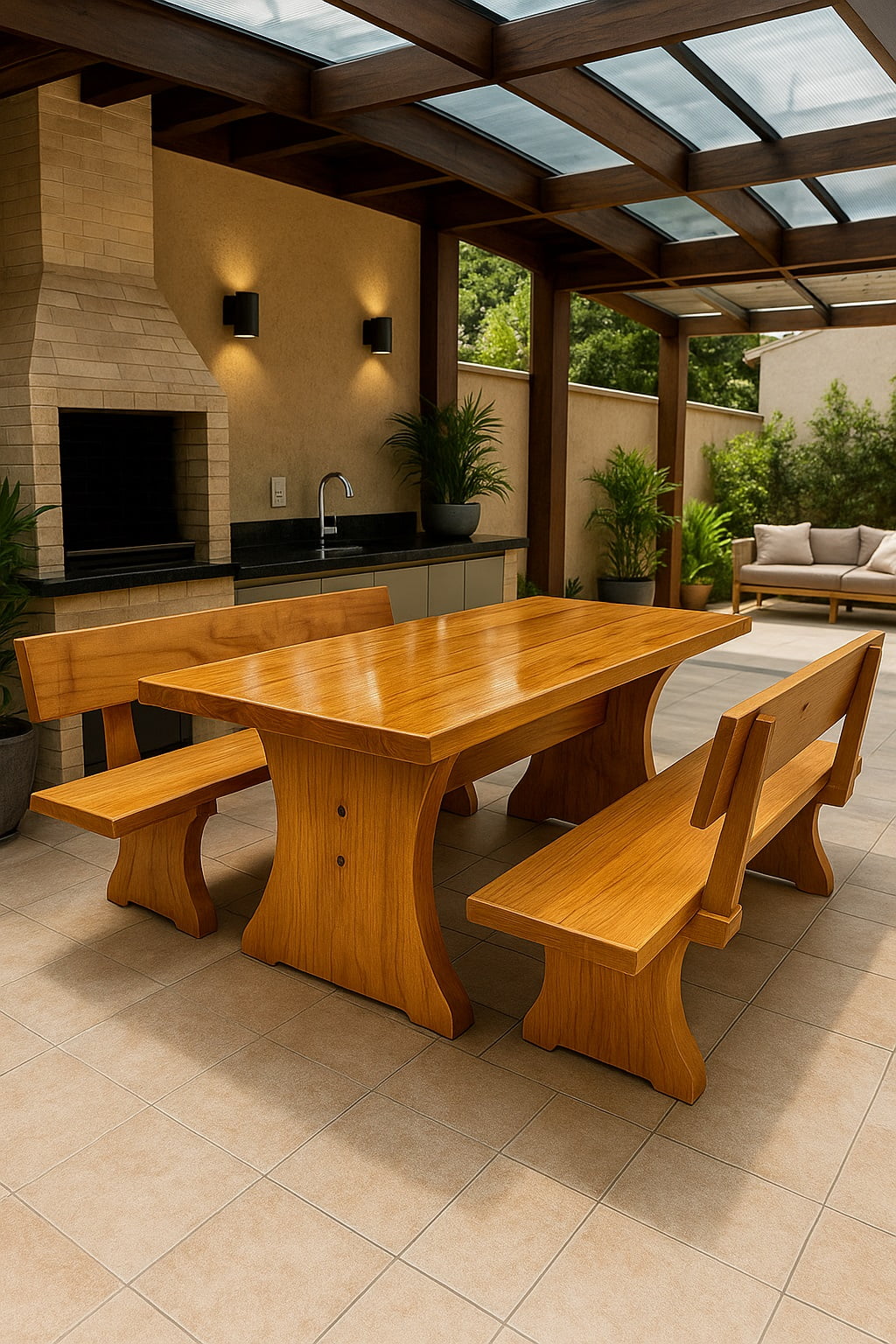 Conjunto Mesa Rústica Jantar (200 x 90) com 2 Bancos Rústicos com Encosto (200 X 36) de Madeira Maciça de Tauari – 6 lugares