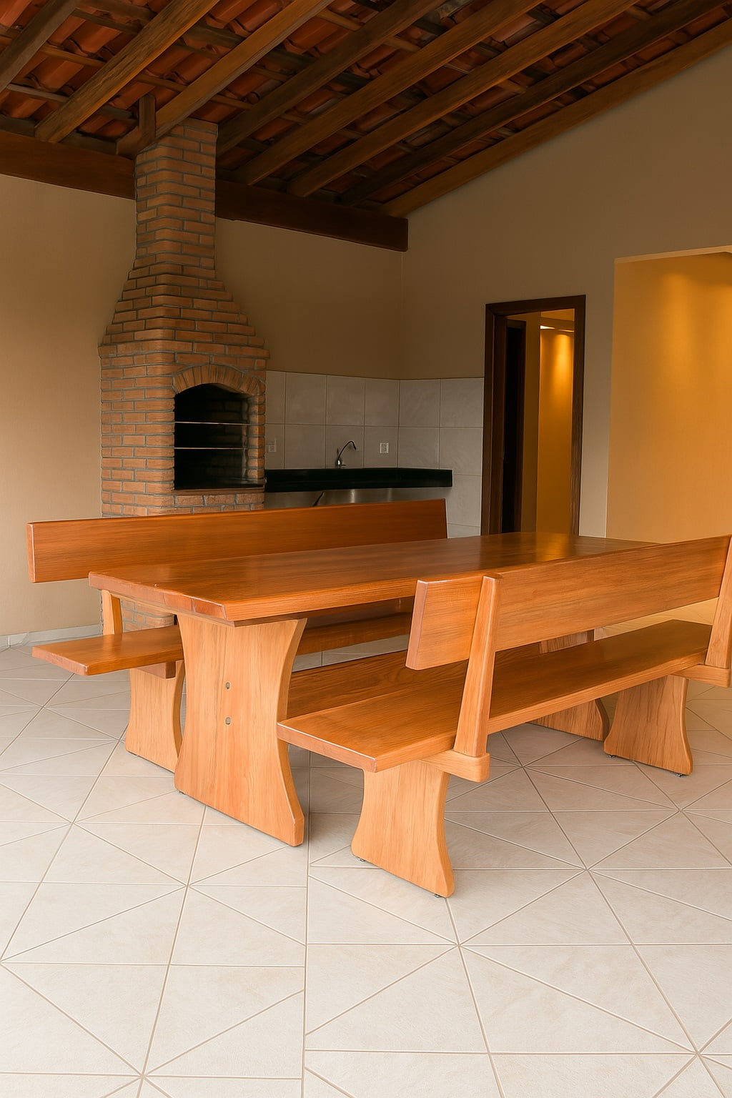 Conjunto Mesa Rústica Jantar (200cm x 85cm X 6cm) com 2 Bancos Rústicos com Encosto (200cm X 36cm X 4cm) de Madeira Maciça de Tauari – 6 lugares
