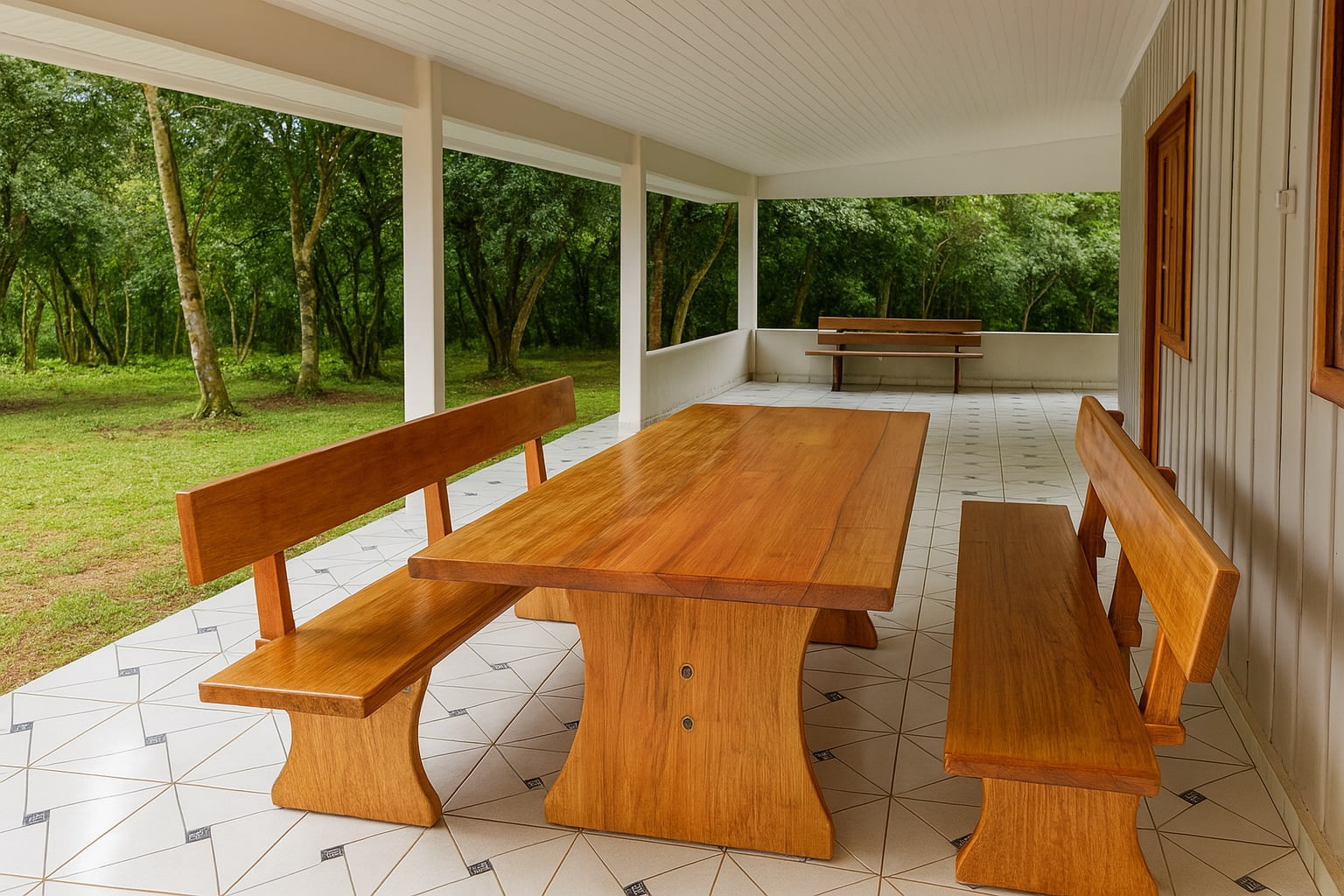 Conjunto Mesa Rústica Jantar (200cm x 85cm X 6cm) com 2 Bancos Rústicos com Encosto (200cm X 36cm X 4cm) de Madeira Maciça de Tauari – 6 lugares