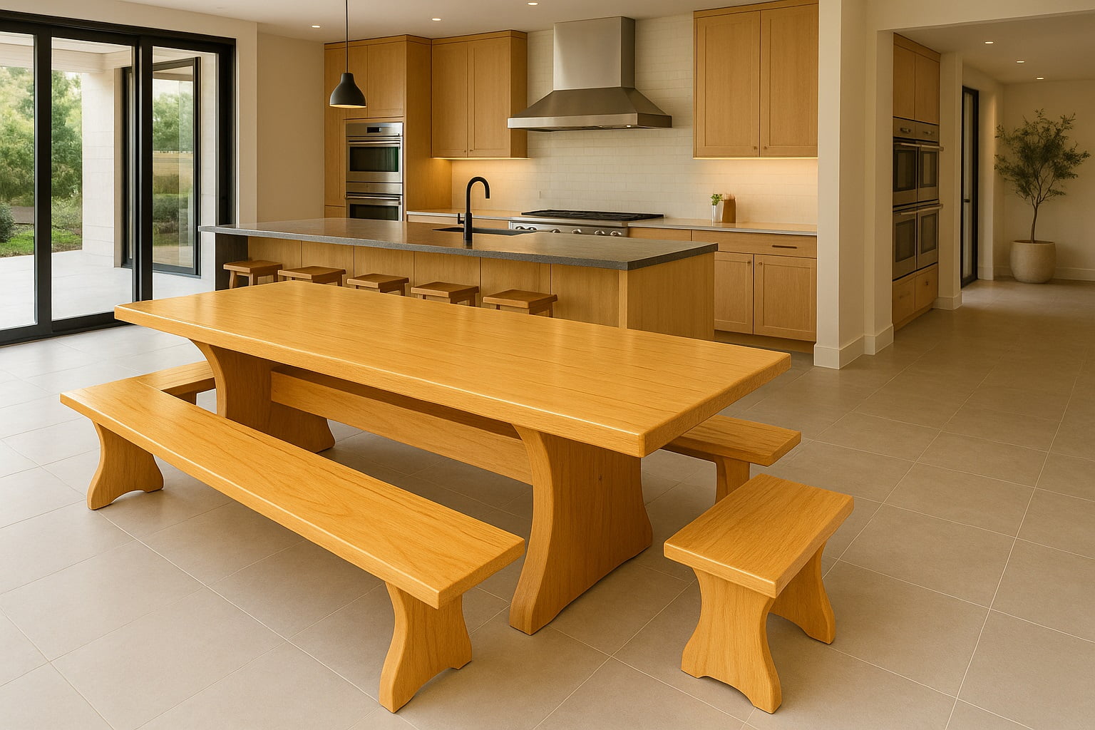 Conjunto Mesa  Rústica Tampão(300cm x 85cm) com  4 Bancos Rústicos (300cm X 36cm) e (85cm X 36cm) de Madeira 100% Maciça Caxeta Branca - Acabamento Verniz  Auto Brilho – 12 lugares