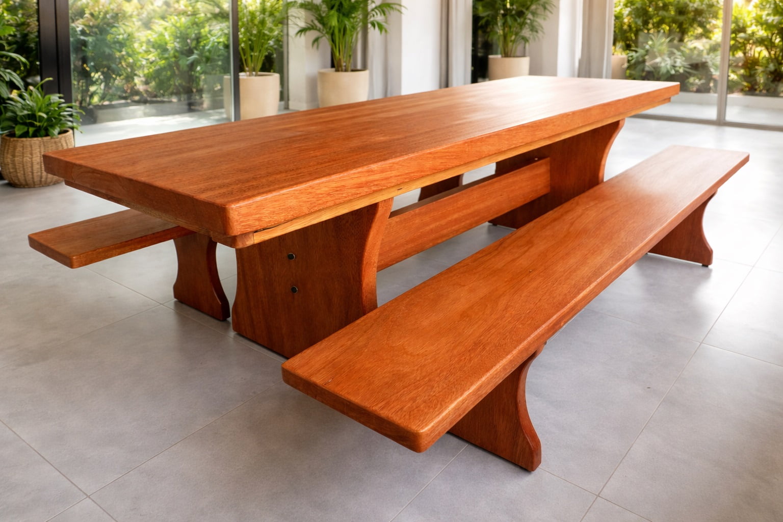 Conjunto Mesa Rústica (250cm x 80cm x 5,5cm) com 2 Bancos Rústicos (250cm X 36cm x 4cm) de Madeira Maciça de Cedro Mara - Pés Formato Taça - Acabamento Verniz PU Auto Brilho - 8 a 10 Lugares