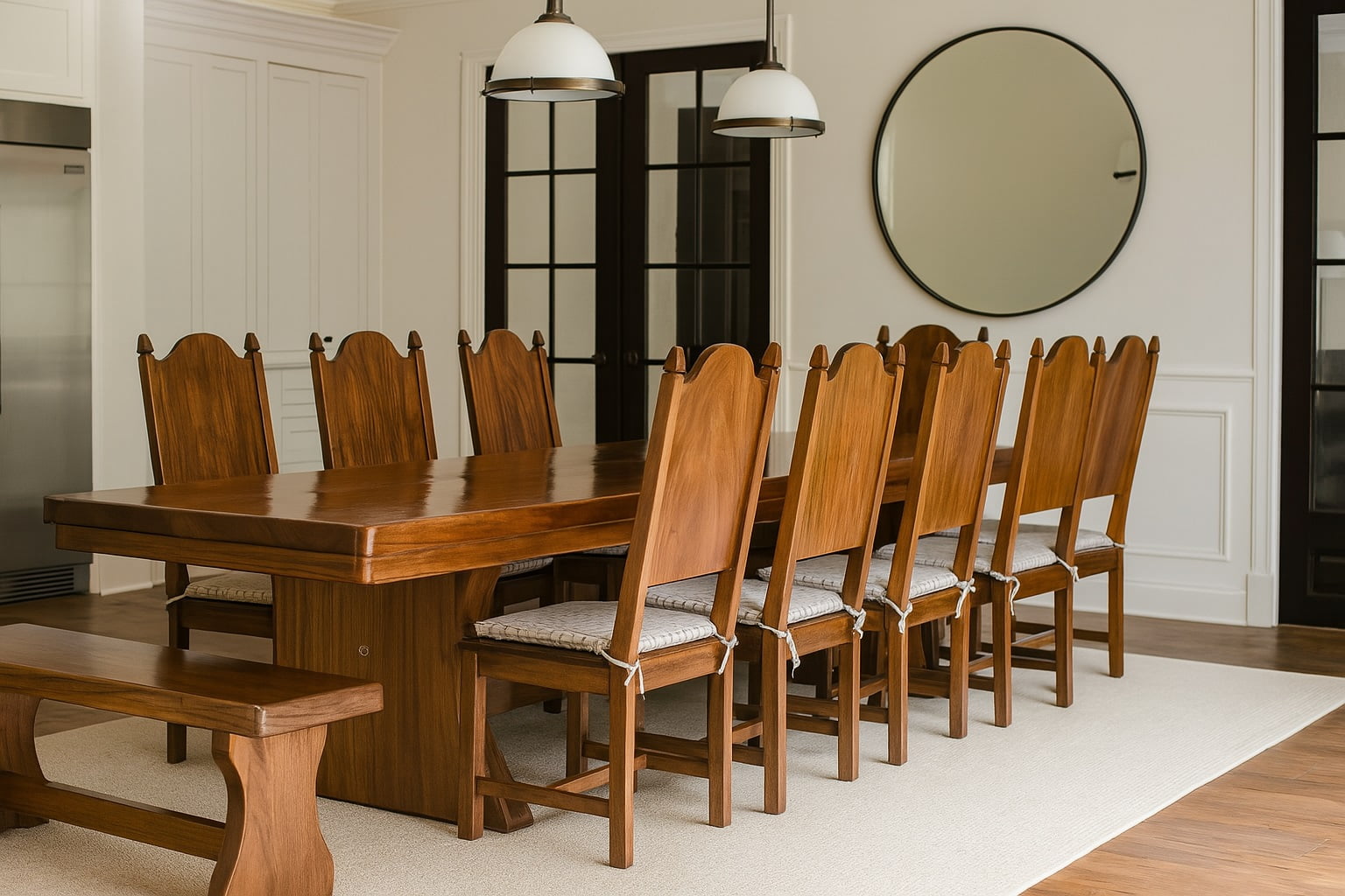 Conjunto Mesa Rústica Madeira Maciça (2,80cm x 85cm) com 08 CADEIRAS  Rústicas Coloniais, tudo em Cedro Mara - Acabamento Verniz AutoBrilho - Pés formato Taça - 08 lugares