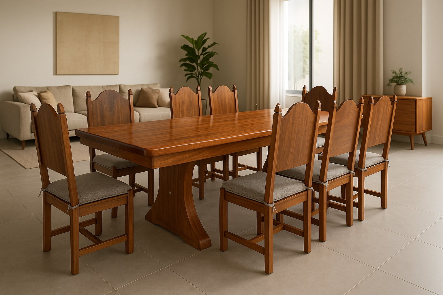 Conjunto Mesa Rústica Madeira Maciça (2,80cm x 85cm) com 08 CADEIRAS  Rústicas Coloniais, tudo em Cedro Mara - Acabamento Verniz AutoBrilho - Pés formato Taça - 08 lugares