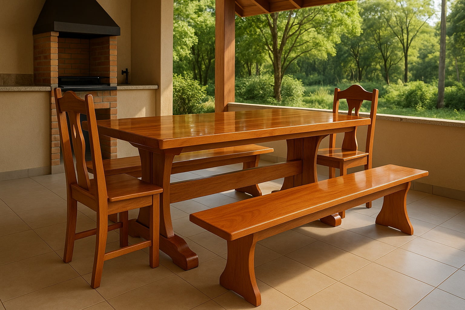 Conjunto de Mesa Rústica Madeira Maciça Jequitibá  Tampão(3,00mts X 87cm x 3,5cm) com 02 Bancos Rústicos Tampão(3,00mts x 36cm x 3cm) + 2 Cadeiras de cabeceira de Madeira - Acabamento Verniz Incolor Auto Brilho - 12 Lugares