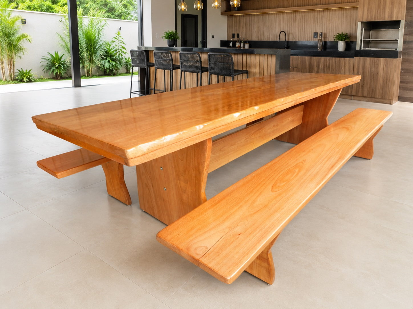 Conjunto Mesa Rústica (300cm x 85cm x 4,5cm) com 2 Bancos Laterais Tampo(300cm X 36cm x 4cm) Madeira Maciça Jequitibá - Acabamento Verniz Auto-Brilho – de 08 a 10 lugares