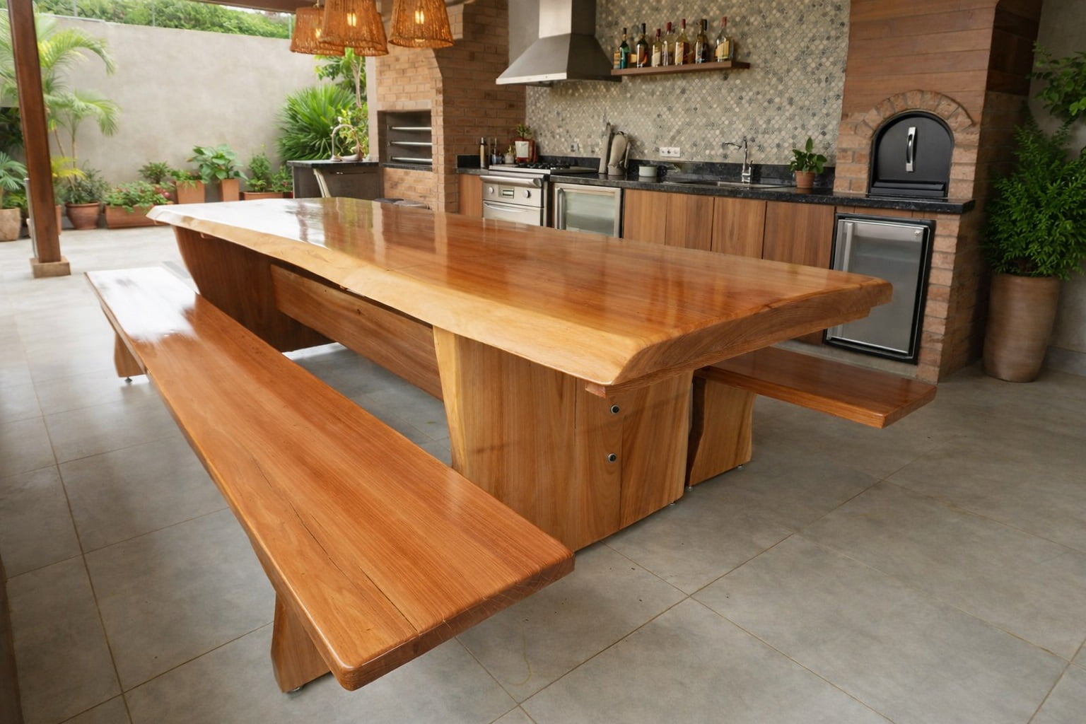 Conjunto Mesa Rústica (200cm x 85cm x 6cm) com bordas orgânicas com 2 Bancos Laterais Tampo(200cm X 36cm x 4cm) Madeira Maciça Jequitibá - Acabamento Verniz Auto-Brilho – de 06 a 08 lugares