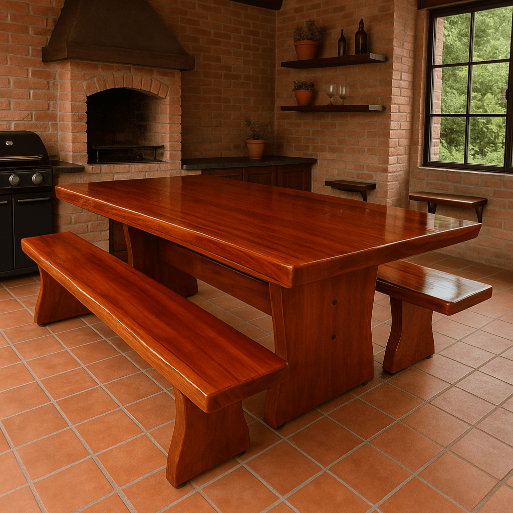 Conjunto Mesa Rústica (300cm x 85cm x 5,5cm) com bordas orgânicas e 2 Bancos Rústicos (300cm X 36cm X 4,0cm) de Madeira 100% Maciça - Pés Taça - Acabamento Imbuia – 10 lugares