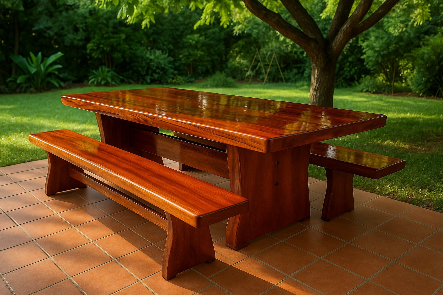 Conjunto Mesa Rústica (300cm x 85cm x 5,5cm) com bordas orgânicas e 2 Bancos Rústicos (300cm X 36cm X 4,0cm) de Madeira 100% Maciça - Pés Taça - Acabamento Imbuia – 10 lugares
