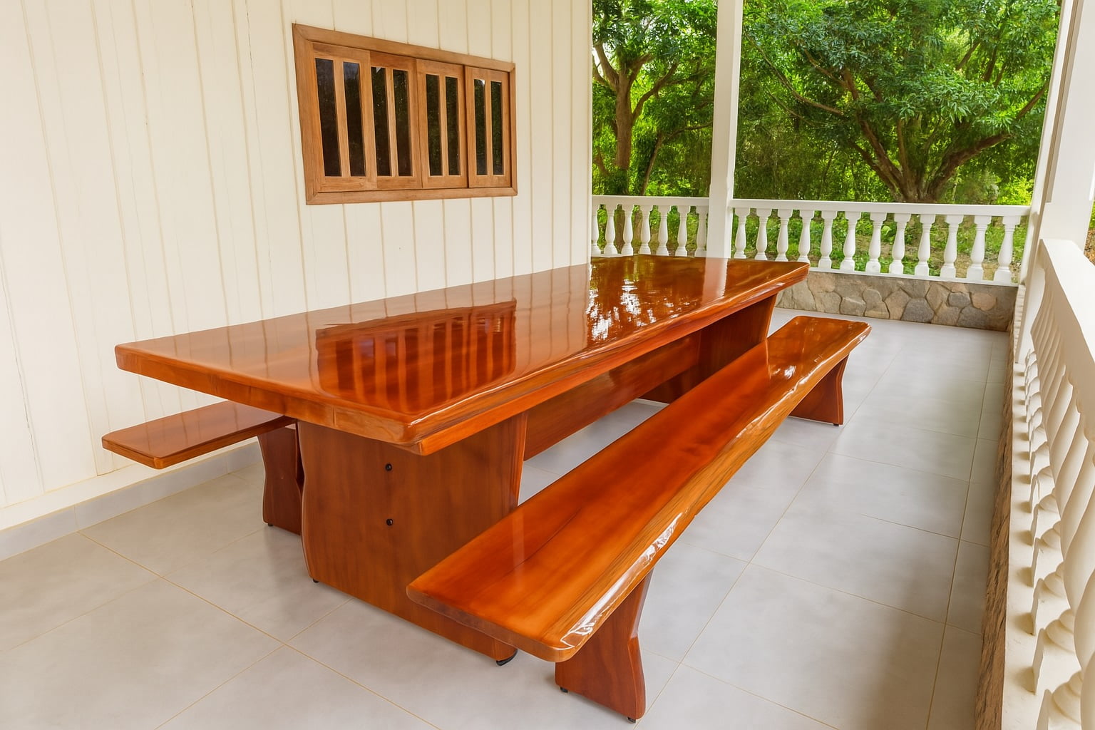 Conjunto Mesa Rústica (300cm x 85cm x 5,5cm) com bordas orgânicas e 2 Bancos Rústicos (300cm X 36cm X 4,0cm) de Madeira 100% Maciça - Pés Taça - Acabamento Imbuia – 10 lugares
