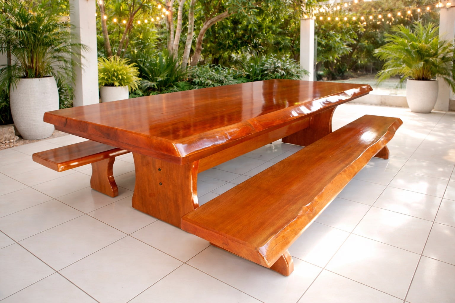 Conjunto Mesa Rústica (300cm x 90cm x 5,5cm) com bordas orgânicas e 2 Bancos Laterais (300cm X 36cm X 4cm) de Madeira 100% Maciça Jequitibá Acabamento Imbuia Claro – 10 a 12 lugares