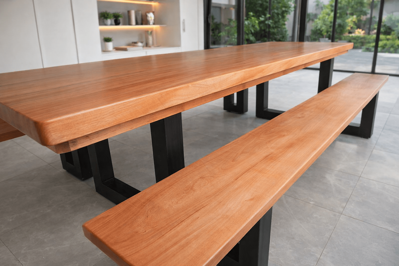 Conjunto Mesa Rústica Madeira Maciça de Jequitibá Tampão(300cm x 86cm x 6cm) com 2 Bancos Rústicos Tampão(300cm X 36 X 4cm) com Pés de Ferro Metalom 100mm x 100mm Acabamento Fosco