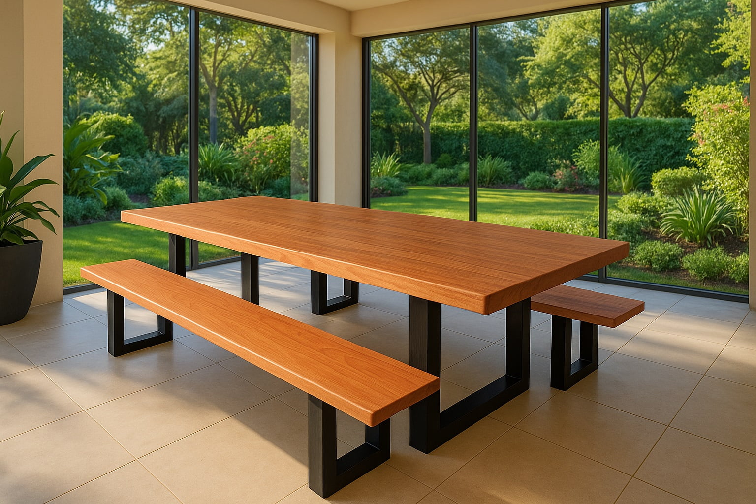 Conjunto Mesa Rústica Madeira Maciça de Jequitibá Tampão(300cm x 90cm x 6cm) com 2 Bancos Rústicos Tampão(300cm X 36 X 4cm) com Pés de Ferro Metalom 100mm x 100mm Acabamento Fosco