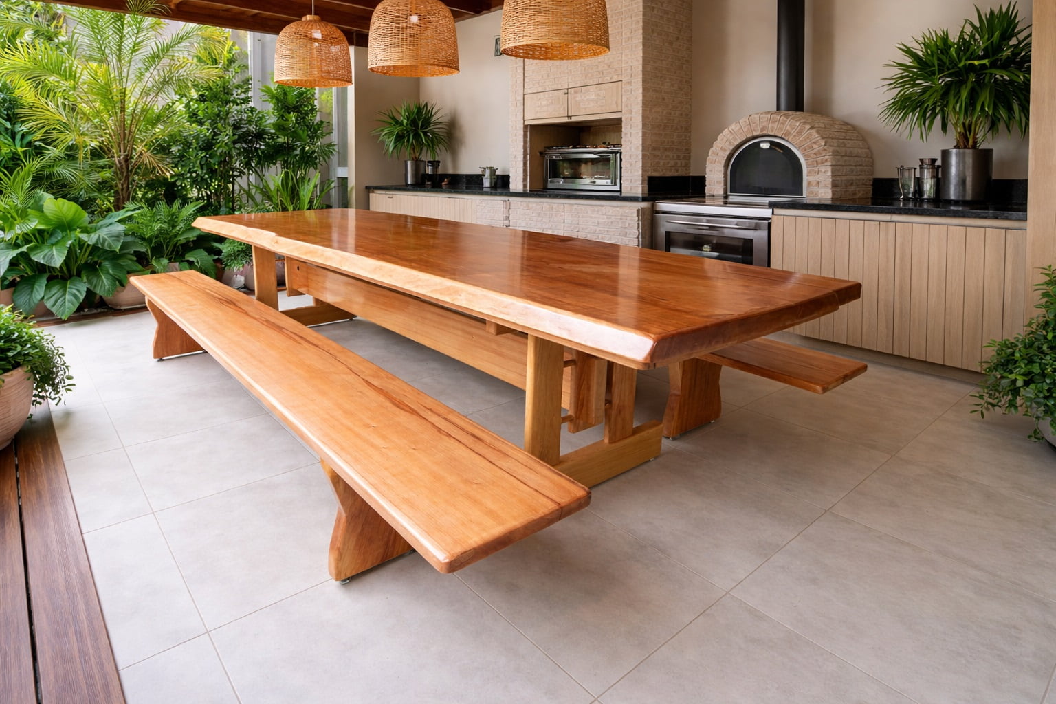 Conjunto Mesa Rústica Madeira Maciça Jequitibá (350cm x 85cm x 5,5cm) com Bordas Orgânicas, com 2 Bancos Rústicos (350cm X 36cm x 4cm) Pés Exclusivos - Acabamento Verniz Auto Brilho – 10 a 12 lugares 