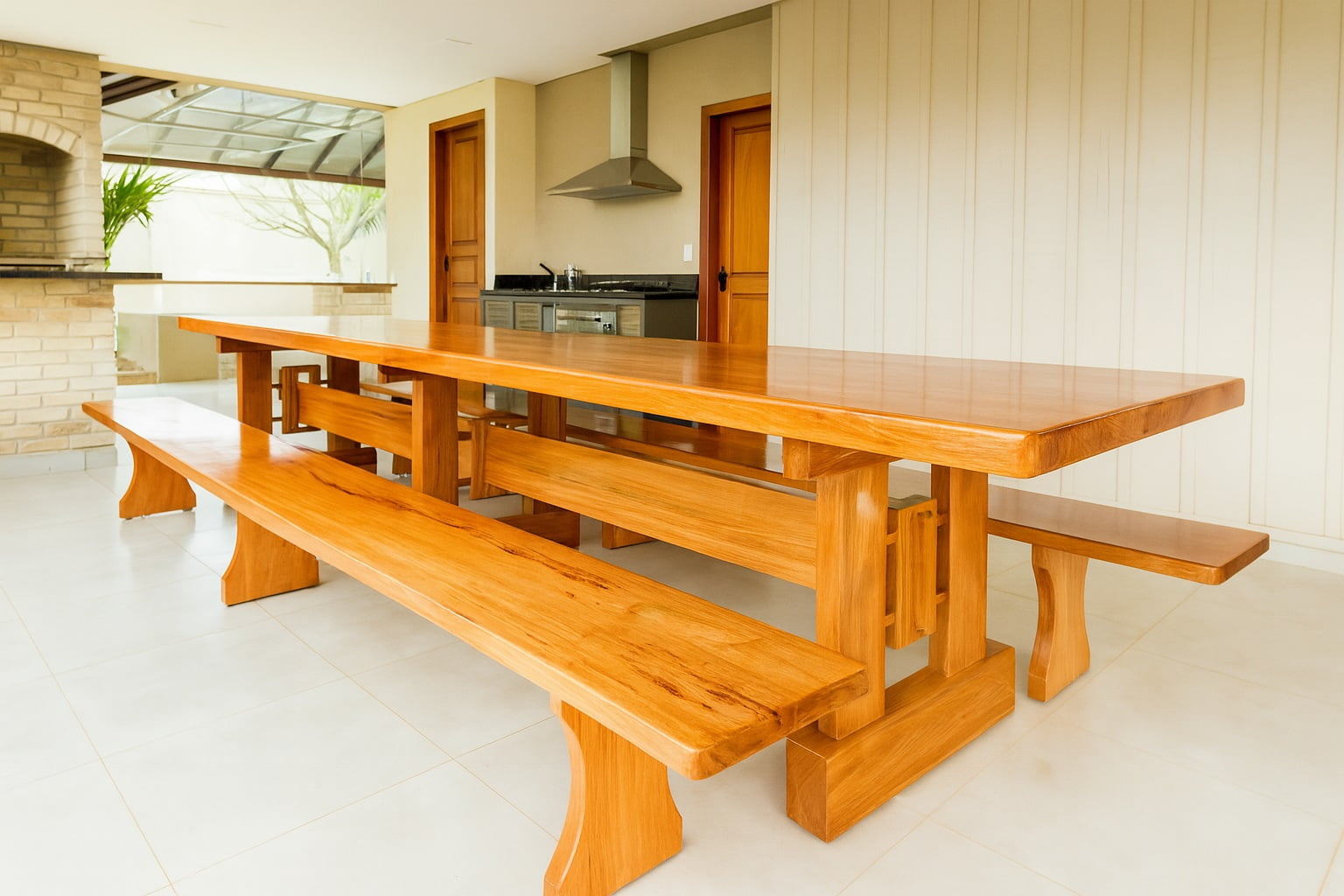 Mesa Rústica Madeira Maciça Tampão (500cm x 90cm x 5cm) com 2 Bancos rústicos tampão(500cm x 36cm x 4cm) tudo em Madeira Maciça JEQUITIBÁ  - 3 Pés da Mesa formato TORRE MODELO EXCLUSIVO - Acabamento Verniz Auto Brilho