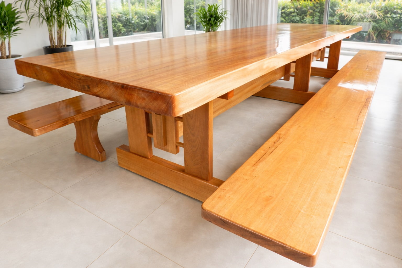 Mesa Rústica Madeira Maciça Tampão (500cm x 90cm x 5cm) com 2 Bancos rústicos tampão(500cm x 36cm x 4cm) tudo em Madeira Maciça JEQUITIBÁ  - 3 Pés da Mesa formato TORRE MODELO EXCLUSIVO - Acabamento Verniz Auto Brilho