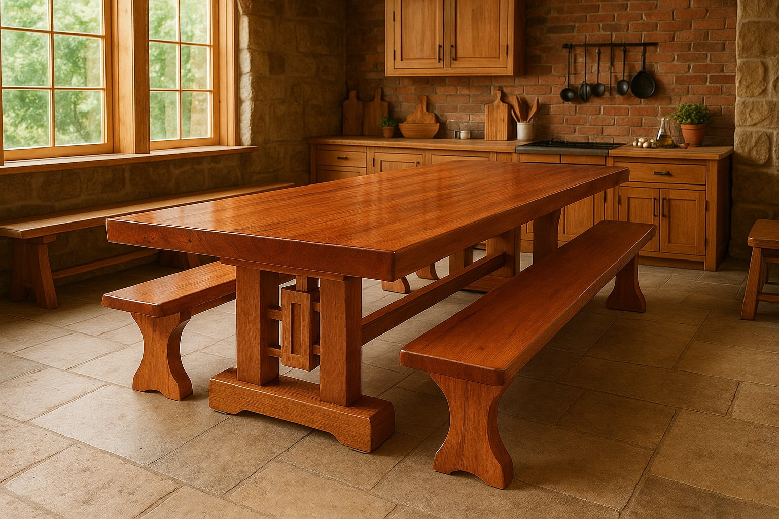 Mesa Rústica Madeira Maciça Tampão (300cm x 90cm x 5cm) com 2 Bancos rústicos tampão(300cm x 36cm x 4cm) tudo em Madeira Maciça JEQUITIBÁ  - 2 Pés da Mesa formato TORRE MODELO EXCLUSIVO - Acabamento Verniz Auto Brilho