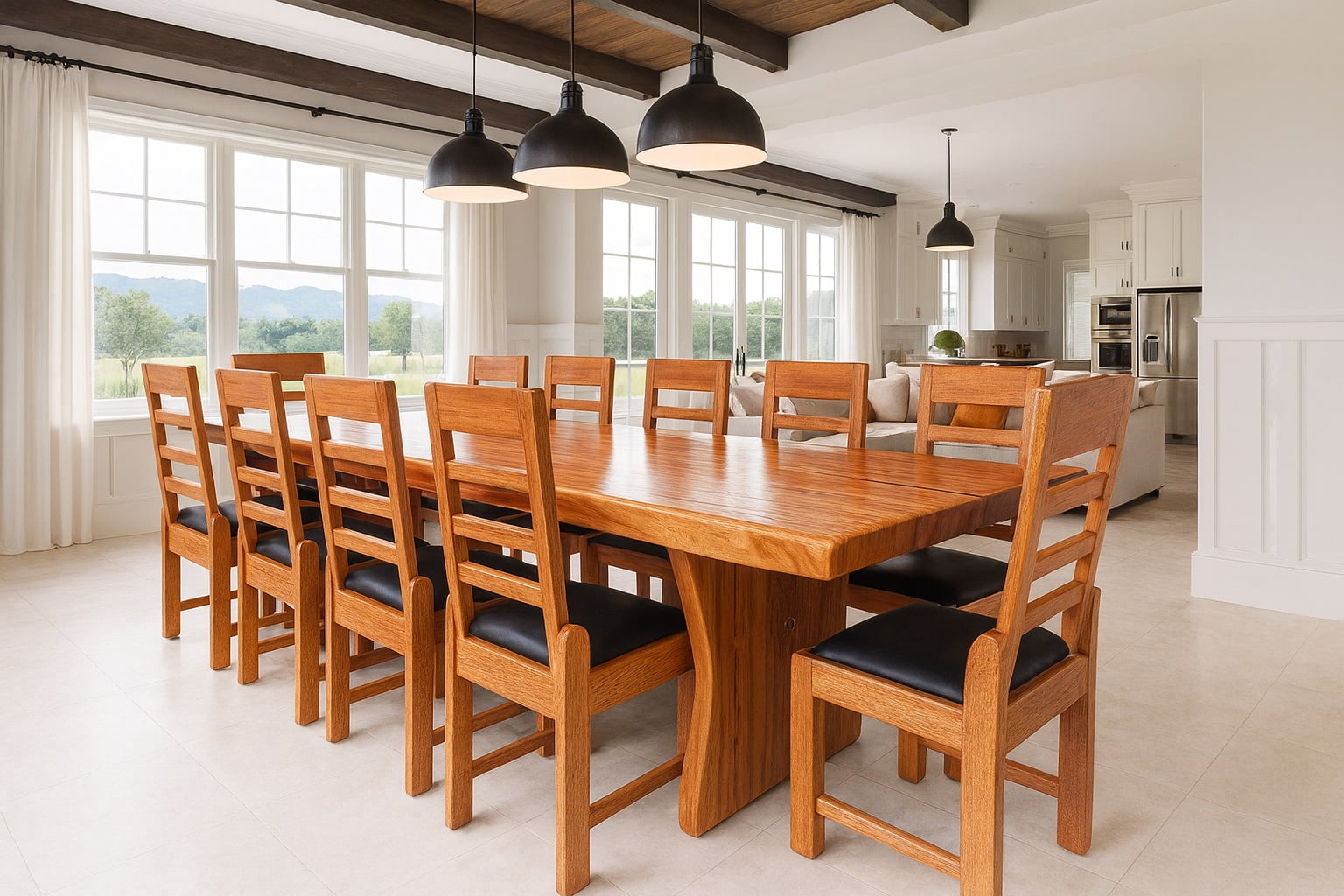 Conjunto de Mesa em Madeira Maciça Angelim tampão(300cm x 85 a 90cm x 5,5cm) com 10 Cadeiras Coloniais Rústicas Angelim Estofadas no Assento - Pés Formato Taça - Acabamento Verniz Auto Brilho – 10 lugares