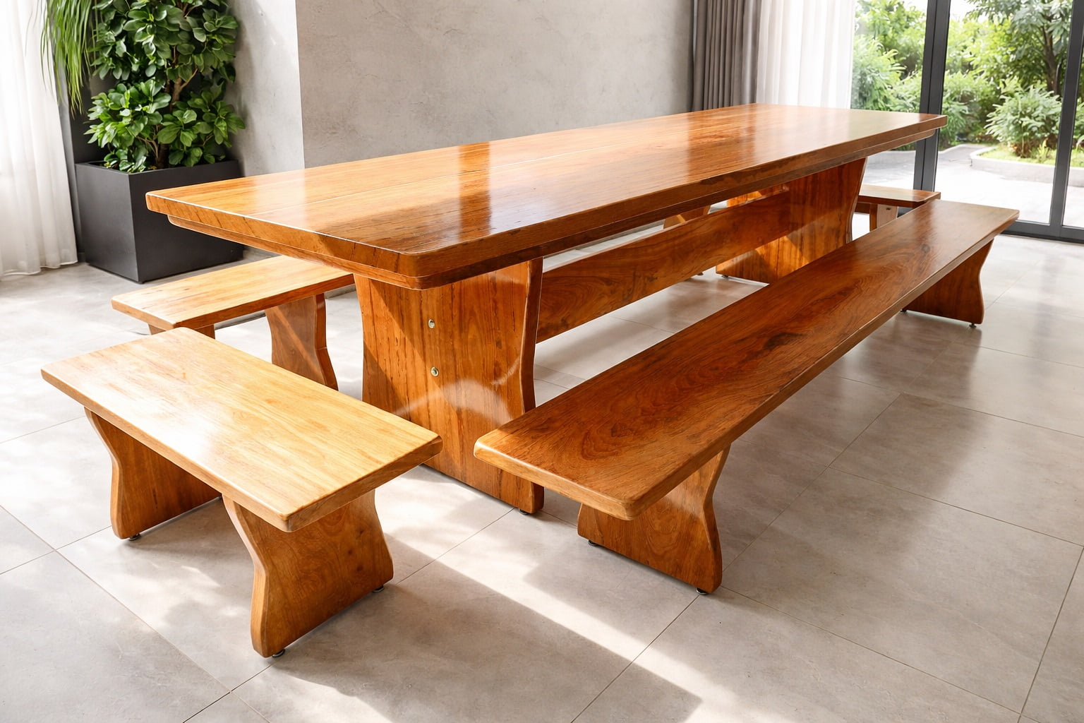 Conjunto Mesa Madeira Maciça Angelim Tampão (300cm x 90cm x 5,5cm) Pés Formato Taça com 2 bancos laterais(300cm x 36cm x 4cm) e 2 bancos Cabeceira(90cm x 36cm x 4cm) -  Acabamento FOSCO - 12 lugares