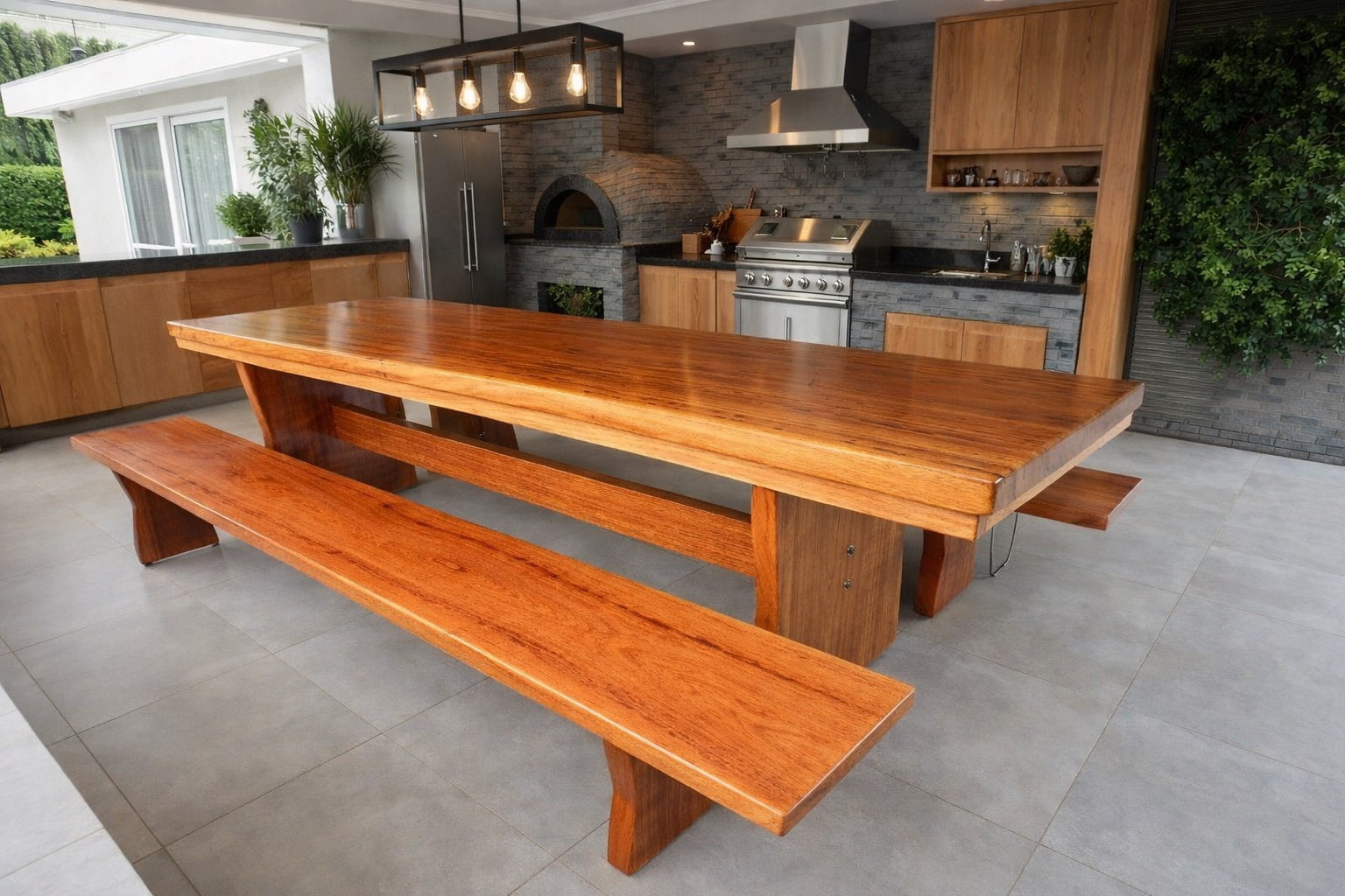 Conjunto Mesa Rústica (250cm x 85cm x 6,0cm) com 2 Bancos Rústicos (250cm X 36cm x 4cm) de Madeira Maciça de Angelim – Pés Taça - Acabamento Verniz Auto-Brilho - 8 a 10 Lugares