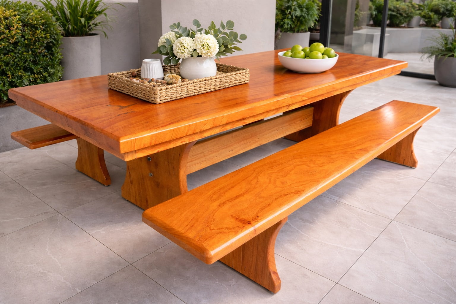 Conjunto Mesa Rústica Churrasco (180cm x 85cm x 6cm) com 2 Bancos Laterais (180cm X 36cm x 4cm) de Madeira Maciça de Angelim – Pés Taça - Acabamento Verniz Auto Brilho - 06 lugares