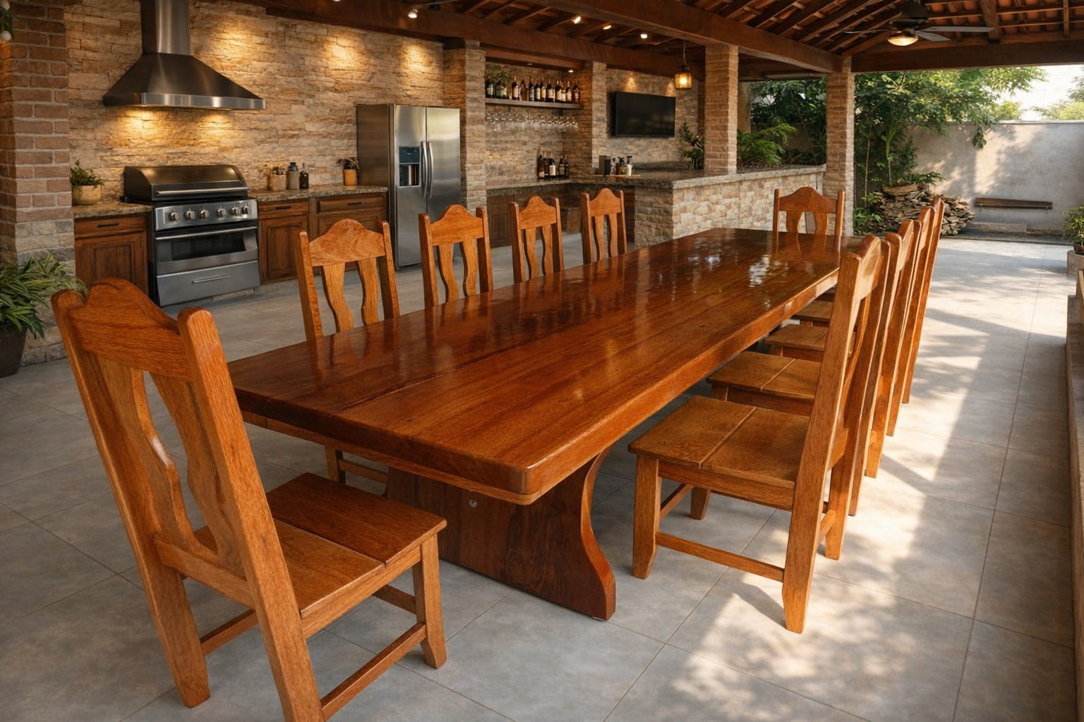 Conjunto Mesa Rústica Churrasco (300cm x 85cm x 5,5cm) com 10 Cadeiras Coloniais Rústicas de Madeira Maciça de Angelim - Pés Formato Taça - Acabamento Verniz PU Auto Brilho – 10 lugares