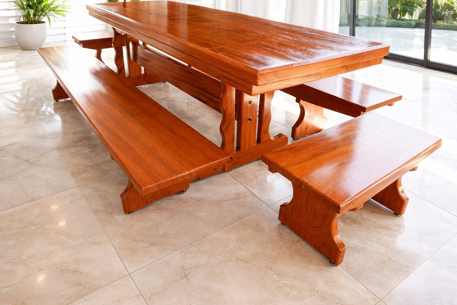 Conjunto Mesa Rústica Churrasco  (300cm x 85cm) com 4 Bancos Rústicos 2(300cm X 36cm x 4cm) e 2(85cm x 36cm x 4c) de Madeira Maciça de Angelim – 12 lugares