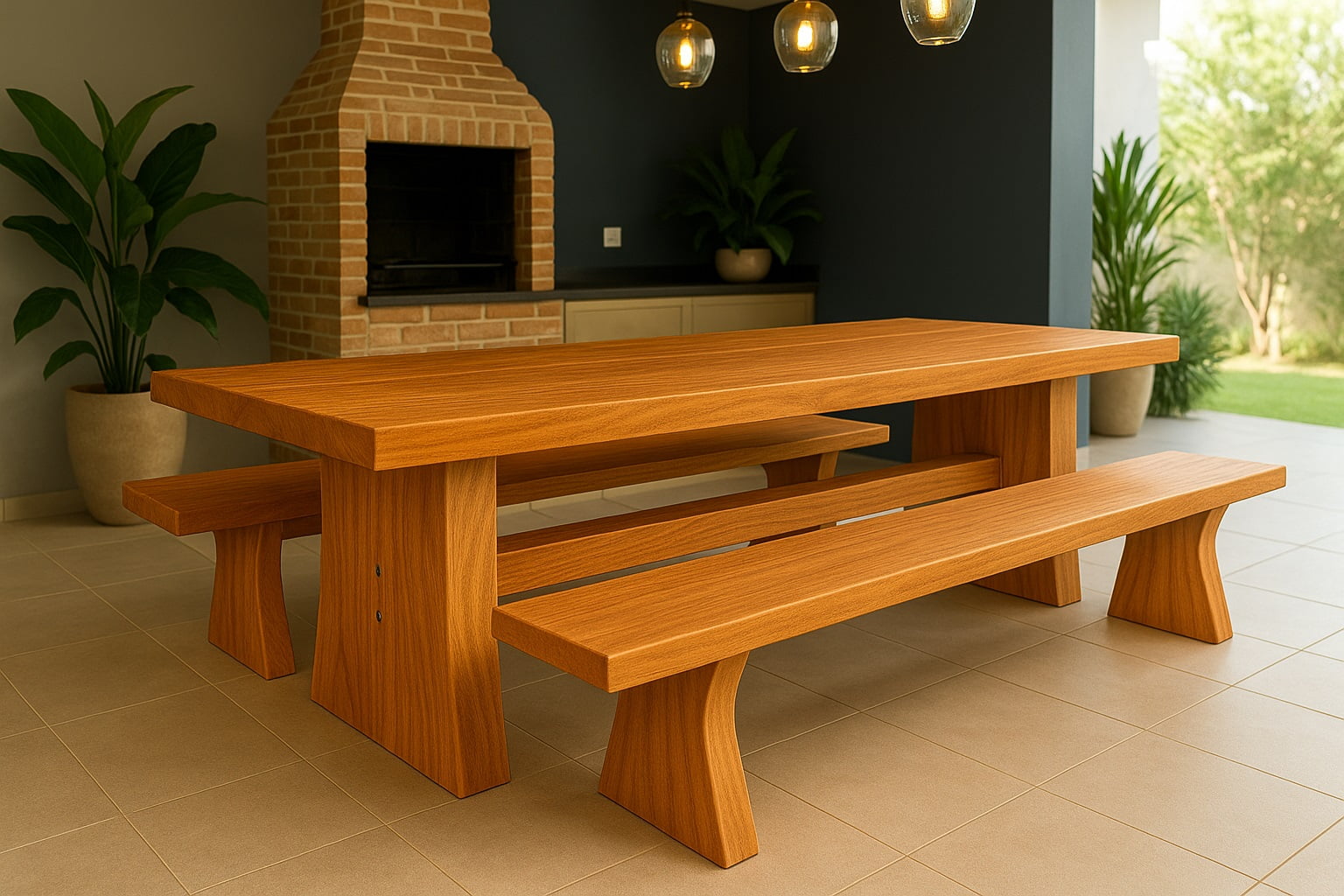 Conjunto Mesa Rústica Churrasco (300cm x 86cm x 6,5cm) com 2 Bancos Rústicos (300cm X 35cm x 5cm ) de Madeira Maciça de Angelim – 10 lugares