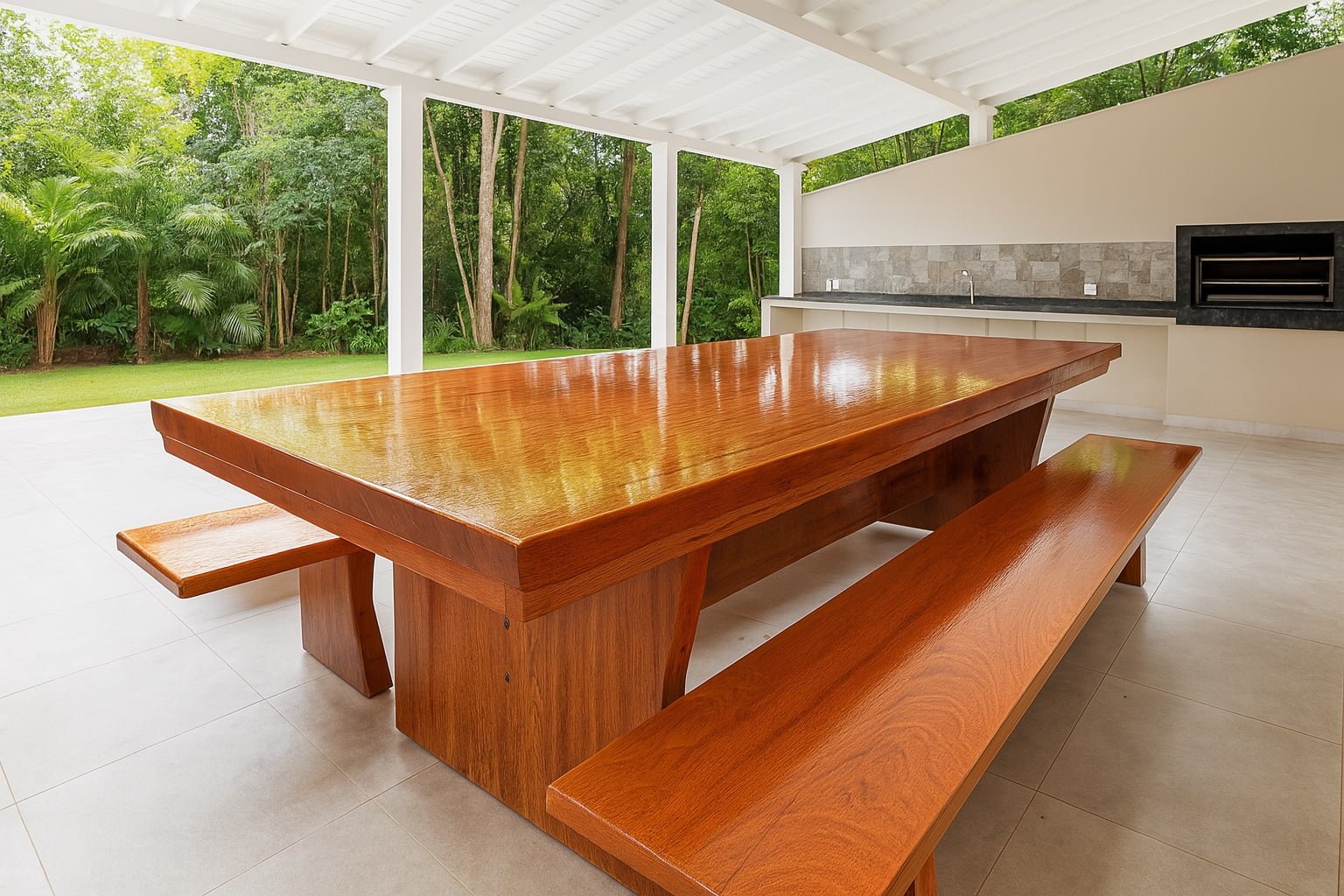 Conjunto Mesa Rústica Churrasco (300cm x 86cm x 6,5cm) com 2 Bancos Rústicos (300cm X 35cm x 5cm ) de Madeira Maciça de Angelim – 10 lugares