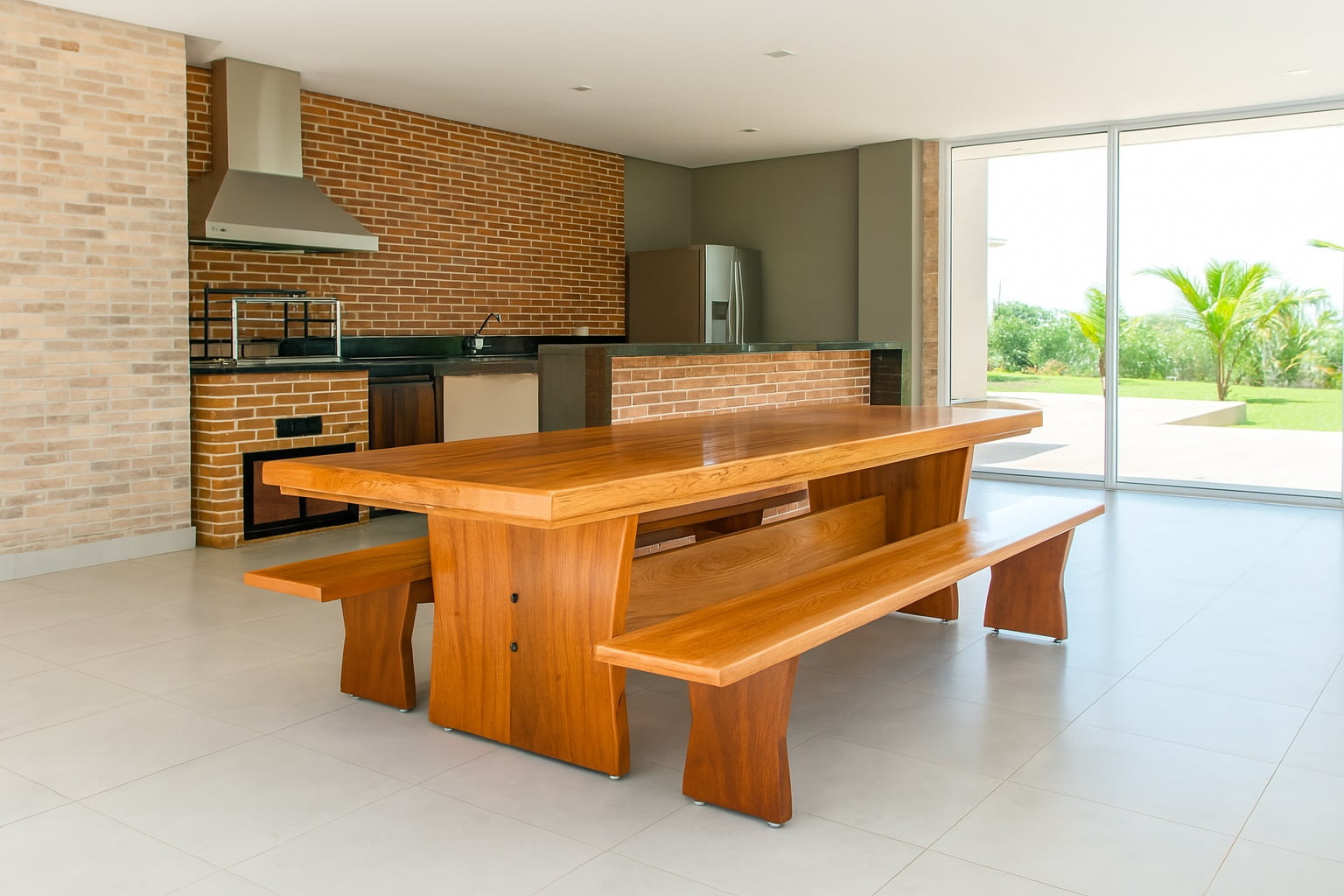 Conjunto Mesa Rústica Churrasco Tampão(2,5mts x 85cm x 5,5cm) com 2 Bancos Rústicos (2,5mts X 36cm x 4cm) tudo em Madeira Maciça de Angelim – Pés formato Taça - Acabamento Verniz Auto Brilho - 08 lugares