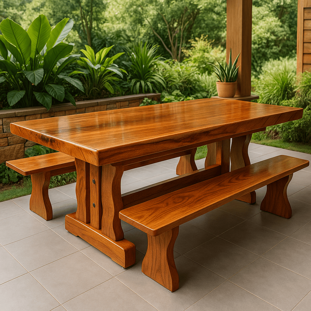 Conjunto Mesa Rústica Churrasco Tampão(250cm x 85cm x  6cm) Pés formato Torre,  com 2 Bancos Rústicos Tampão(250cm x 36cm x 4cm) de Madeira Maciça de Angelim – 10 lugares