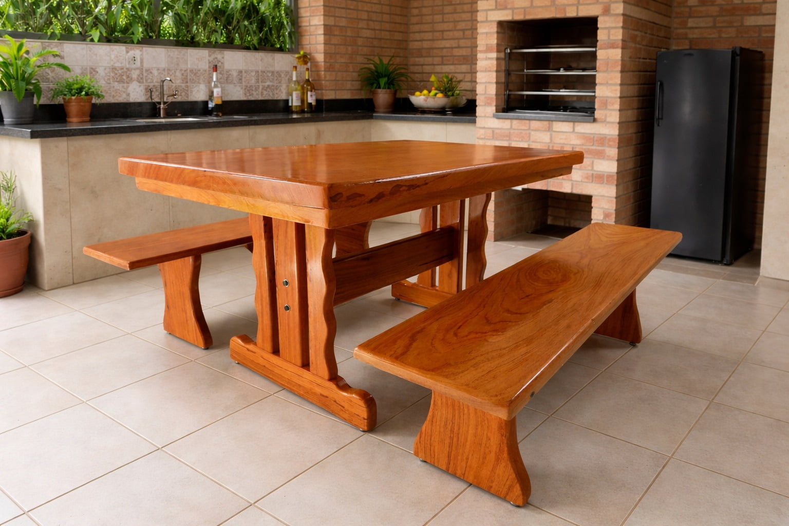 Conjunto Mesa Rústica Jantar Tampo(160cm x 85cm x 6cm ) com 2 Bancos Laterais Tampo(160cm X 35cm X 4cm) - Pés Torre - Madeira Maciça de Angelim – 6 lugares