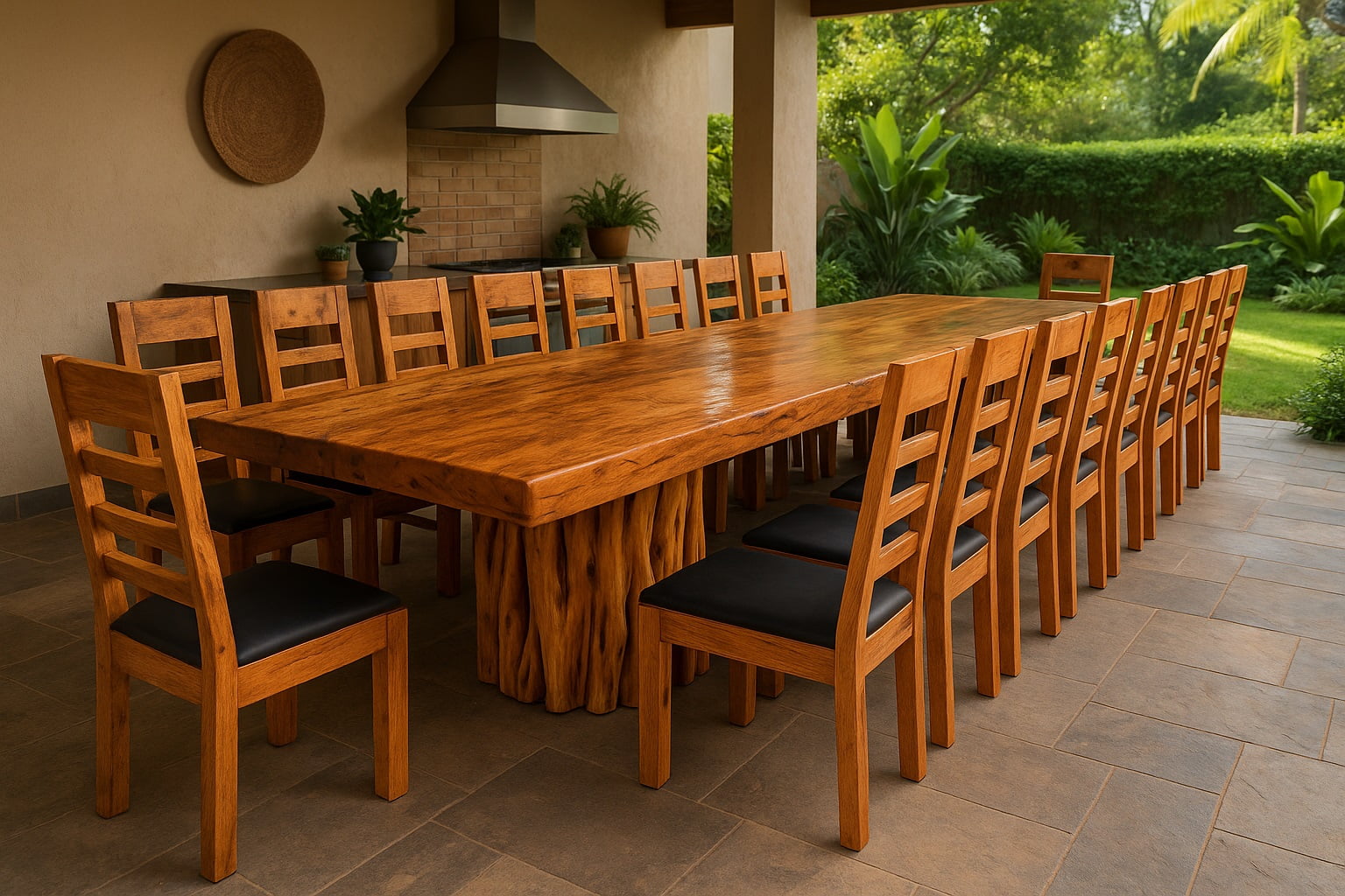 CONJUNTO MESA RÚSTICA MADEIRA MACIÇA ANGELIM TAMPÃO (600CM X 92CM X 6,0CM) COM 18 SEMI-POLTRONAS ESTOFADAS NO ASSENTO, SEM ENCOSTO P/BRAÇOS PÉS DA MESA EM GUARANTÃ ACABAMENTO VERNIZ AUTO-BRILHO