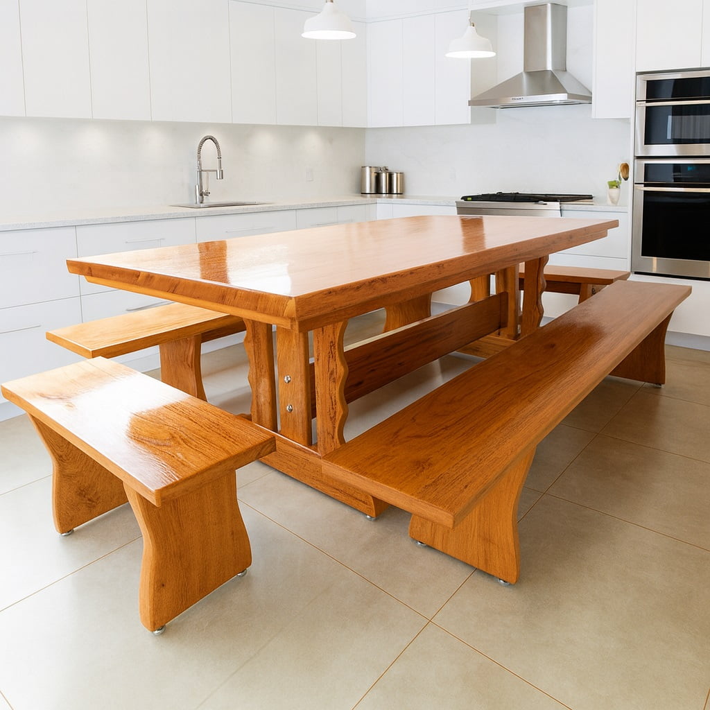 Conjunto Mesa Rústica Tampão(250cm x 85cm x  6cm) Pés Mesa Torre,  com 2 Bancos Laterais Tampão(250cm x 36cm x 4cm) e 2 Bancos Cabeceira Tampão(85cm x 36cm x 4cm) de Madeira Maciça de Angelim – 10 lugares