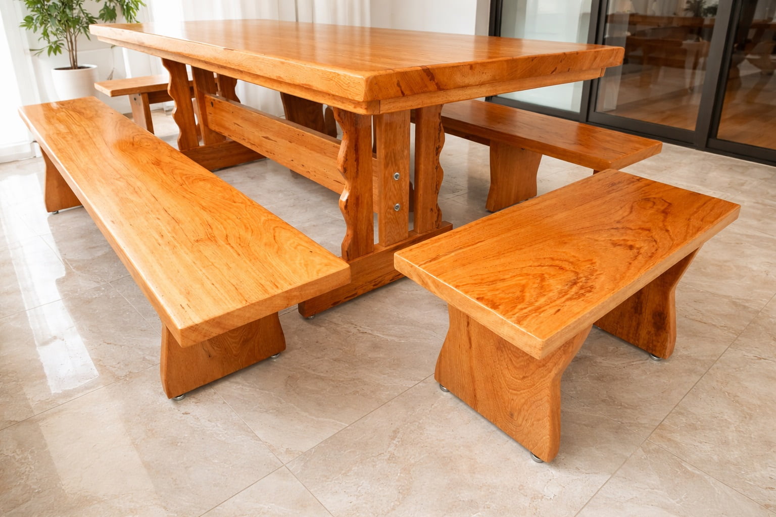 Conjunto Mesa Rústica Tampão(250cm x 85cm x  6cm) Pés Mesa Torre,  com 2 Bancos Laterais Tampão(250cm x 36cm x 4cm) e 2 Bancos Cabeceira Tampão(85cm x 36cm x 4cm) de Madeira Maciça de Angelim – 10 lugares