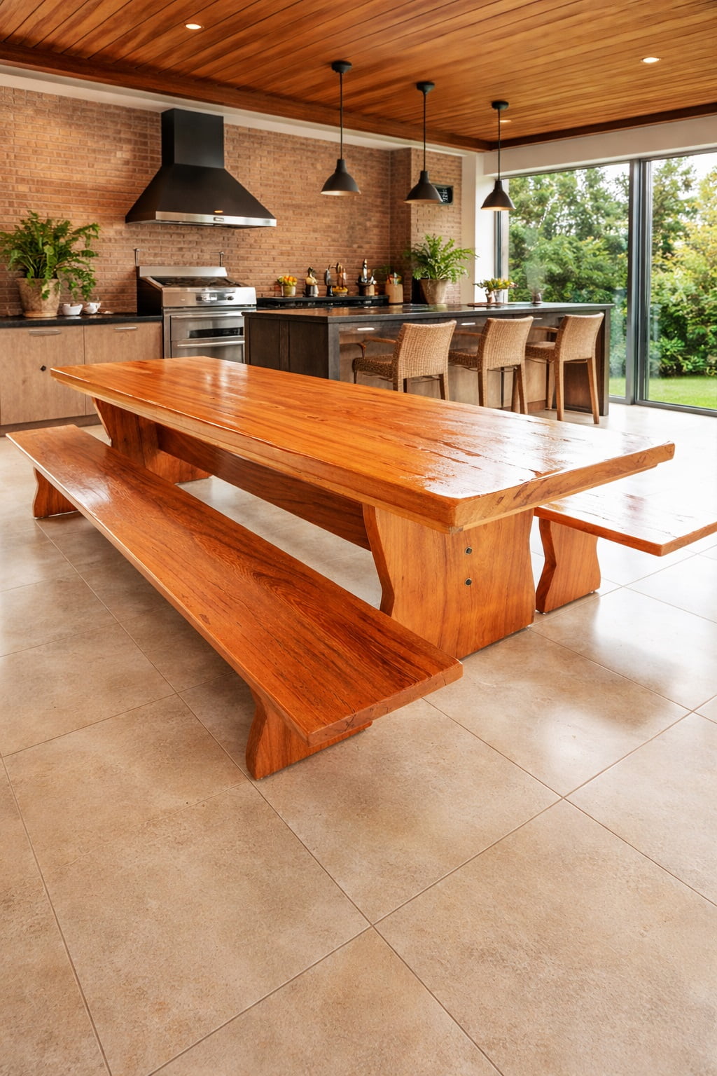 Conjunto Mesa Rústica Tampo(350cm x 85cm x 5,5cm) Pés formato Taça, com 2 Bancos Tampo(350cm x 36cm x 4cm) de Madeira Maciça de Angelim – Acab. Verniz Auto-Brilho -  12 a 14 lugares