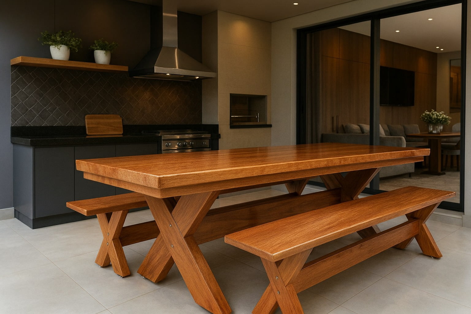 Mesa Rústica Tampão(2,10mts x 86cm x 5,5cm) com 2 bancos (2,10mts x 35cm x 4cm) Madeira Maciça Angelim pedra - Verniz Auto Brilho - Pés da Mesa/Banco formato X