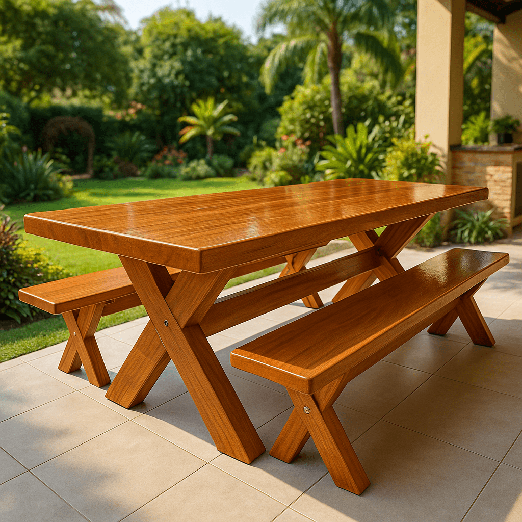 Mesa Rústica Tampão(2,10mts x 90cm x 5,0cm) com 2 bancos (2,10mts x 35cm x 4cm) Madeira Maciça Angelim pedra - Verniz Auto Brilho Pés da Mesa/Banco formato X