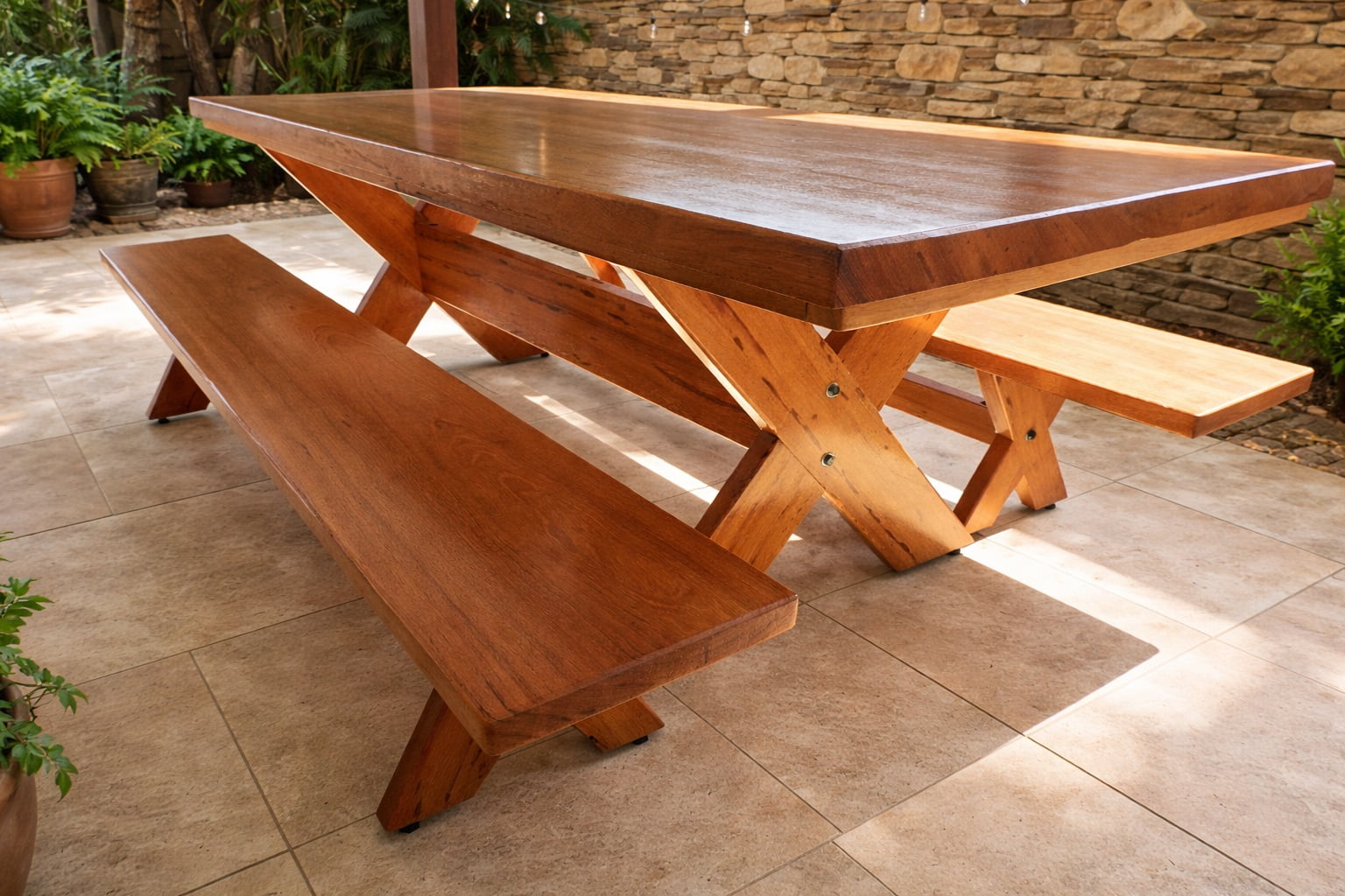 Mesa Rústica Tampão(2,40mts x 86cm x 5,5cm) com 2 bancos (2,40mts x 35cm x 4cm) Madeira Maciça Angelim pedra - Verniz Auto Brilho - Pés da Mesa/Banco formato X