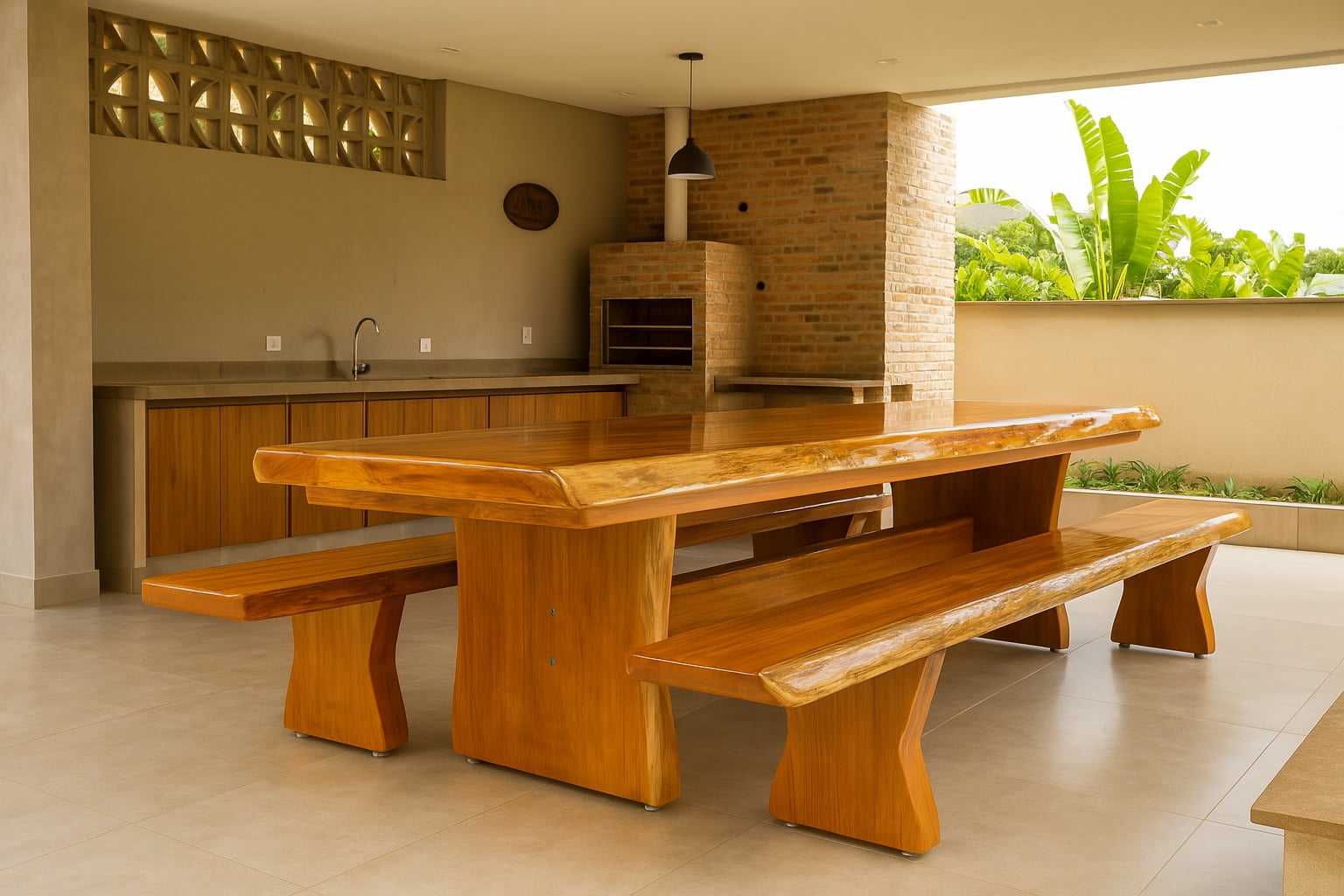 01 Conjunto de Mesa Rústica Tampão (250cm x 85cm x 5,5cm) Bordas Orgânicas no tampão e Pés da Mesa formato Taça com 02 Bancos Rústicos Tampão(250cm x 36cm x 4cm) - Madeira Garapeira – Acabamento Verniz  - 08 Lugares