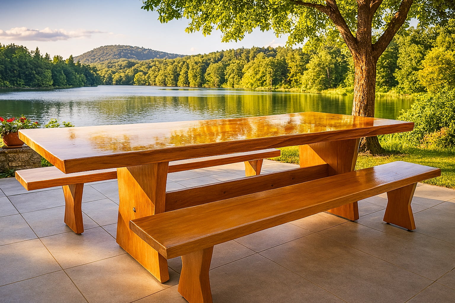 Conjunto Mesa Rústica (300cm x 90cm) com 2 Bancos Rústicos (300cmX 36cm) de Madeira Maciça de Garapeira – Pés Formato Taça - Acabamento Verniz Incolor Auto brilho - 10 lugares 