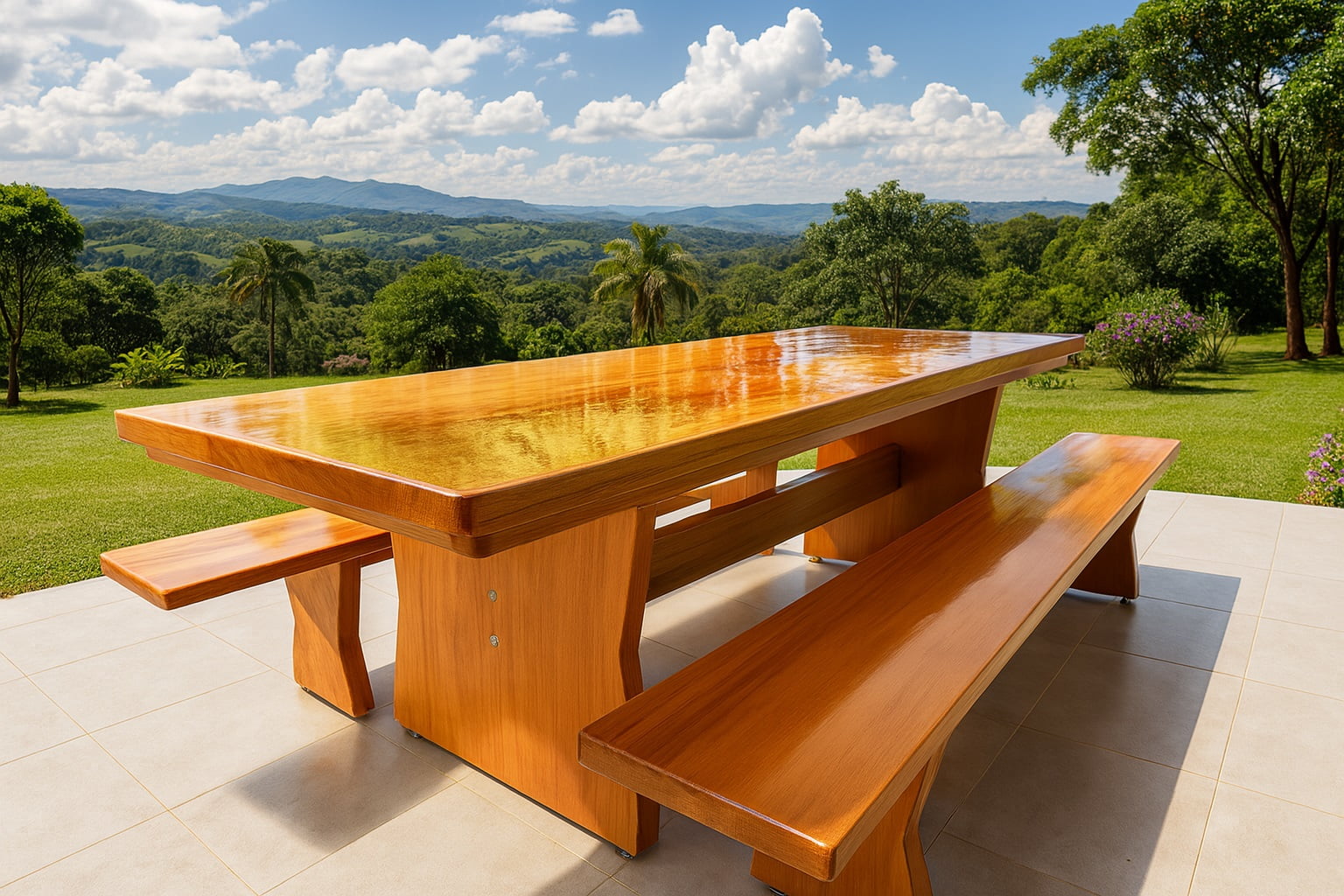 Conjunto Mesa Rústica (300cm x 90cm) com 2 Bancos Rústicos (300cmX 36cm) de Madeira Maciça de Garapeira – Pés Formato Taça - Acabamento Verniz Incolor Auto brilho - 10 lugares 