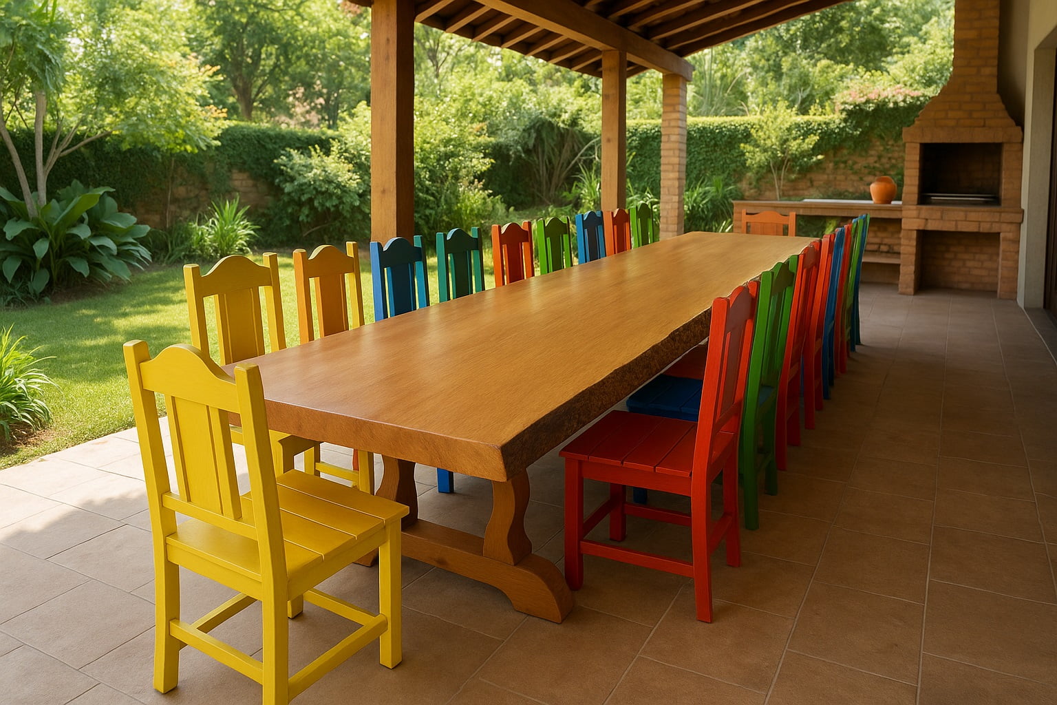 Conjunto Mesa Rústica Madeira Maciça  Tampão (500cm x 90cm x 5,5cm) com 16 Cadeiras Rústicas Coloniais Coloridas de Madeira Maciça de Garapeira - 16 lugares