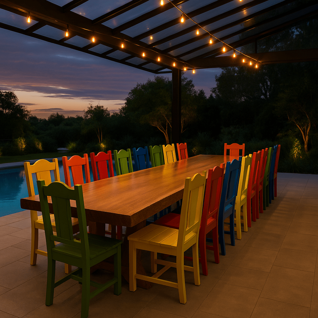 Conjunto Mesa Rústica Madeira Maciça Tampão (500cm x 90cm x 5,5cm) com 16 Cadeiras Rústicas Coloniais Coloridas de Madeira Maciça de Garapeira - 16 lugares