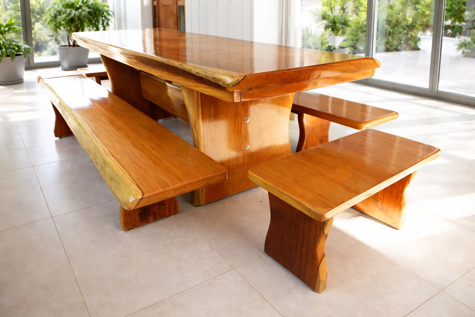 Conjunto Mesa Rústica Tampão(250cm X 86cm X 5,5cm) com 2 Bancos Laterais(250cm X 38cm x 4cm) e 2 Bancos Cabeceira (80cm x 36cm x 4cm) Pés Taça - Acabamento Verniz Auto Brilho - Madeira Maciça de Garapeira – 10 lugares