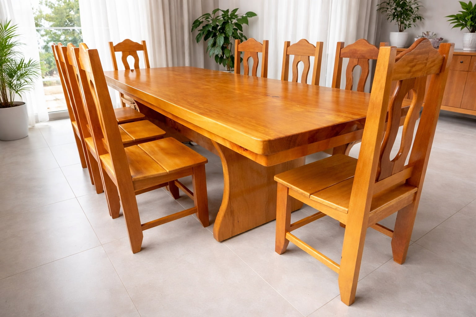 Conjunto Mesa Rústica Tampão(280cm x 86cm x 6cm) com 8 Cadeiras Rústicas Coloniais, tudo em Madeira Maciça de Garapeira – Pés Formato Taça - Acabamento Verniz PU Automotivo Incolor Auto brilho - 08 lugares