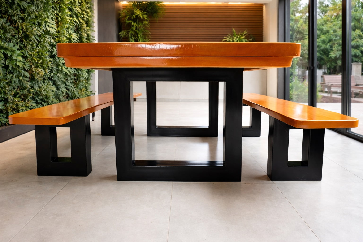 Mesa Rústica Madeira Maciça Tampo(200cm x 85cm x 6cm) com 2 Bancos Rústicos (200cm x 36cm x 4cm) Pés em Ferro Metalom 100mm x 100mm Madeira Maciça Garapeira – Acabamento Verniz Auto Brilho na cor Cedro - 06 lugares