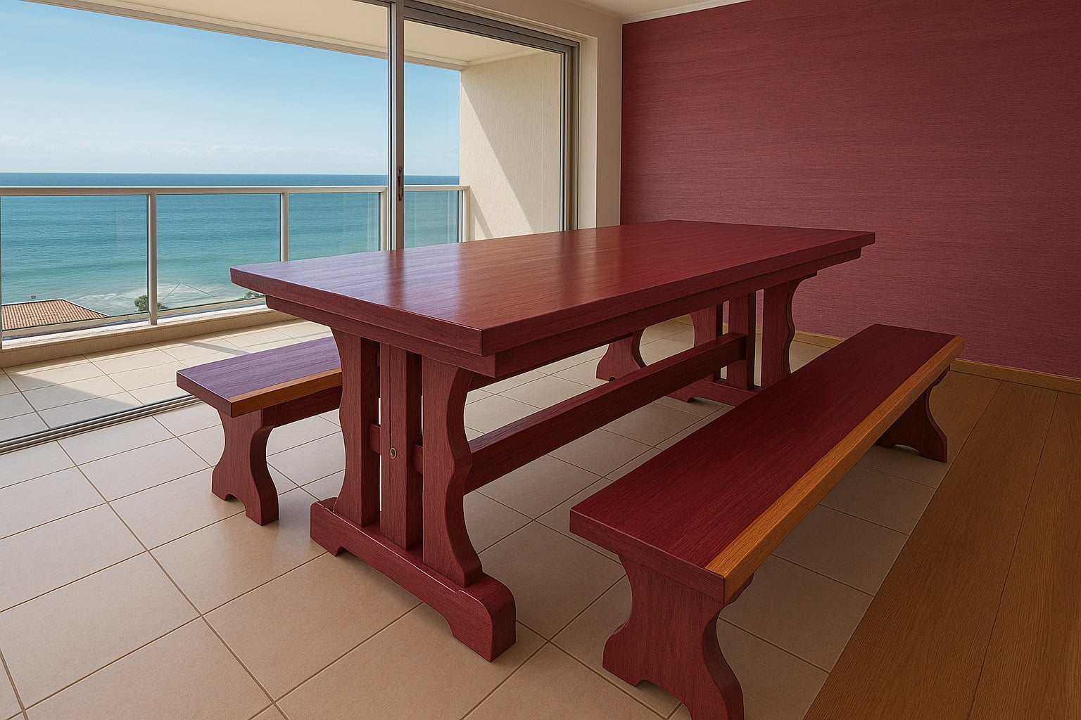Conjunto Mesa Rústica (200cm x 85cm x 5cm) com 2 Bancos Rústicos (200cm X 36 x 4cm) de Madeira Maciça de Roxão – 6 lugares