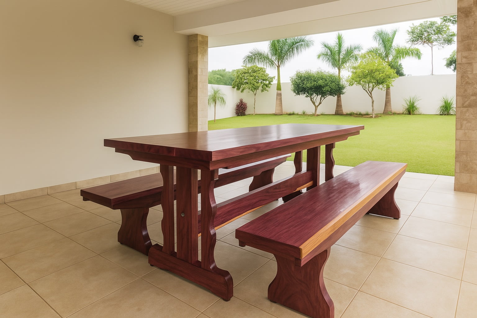 Conjunto Mesa Rústica (200cm x 85cm x 5cm) com 2 Bancos Rústicos (200cm X 36 x 4cm) de Madeira Maciça de Roxão – 6 lugares