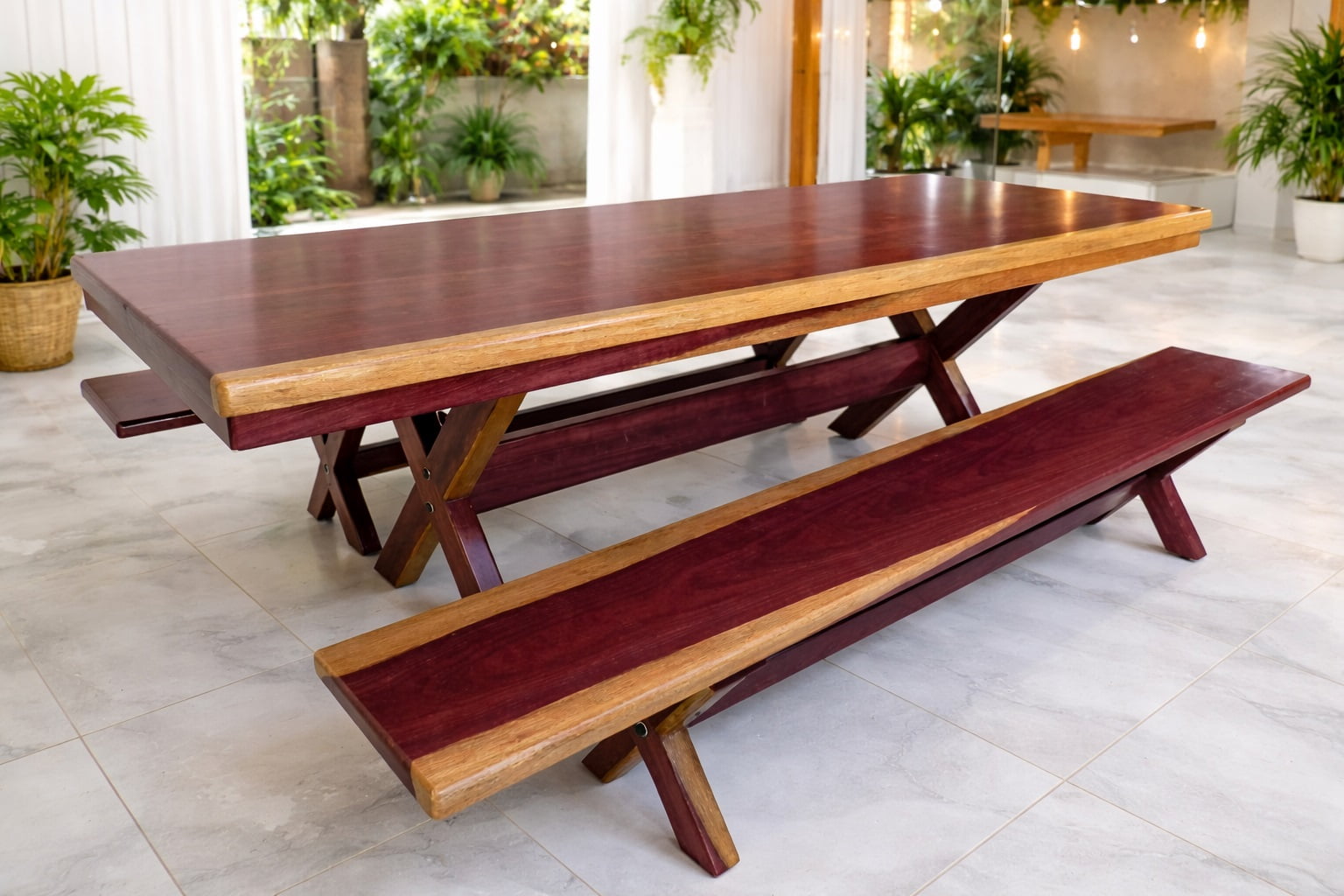 Conjunto Mesa Rústica (250cm x 85cm) Pés Formato X, com 2 Bancos Rústicos (250cm X 36cm) de Madeira Maciça de Roxão – 8 lugares