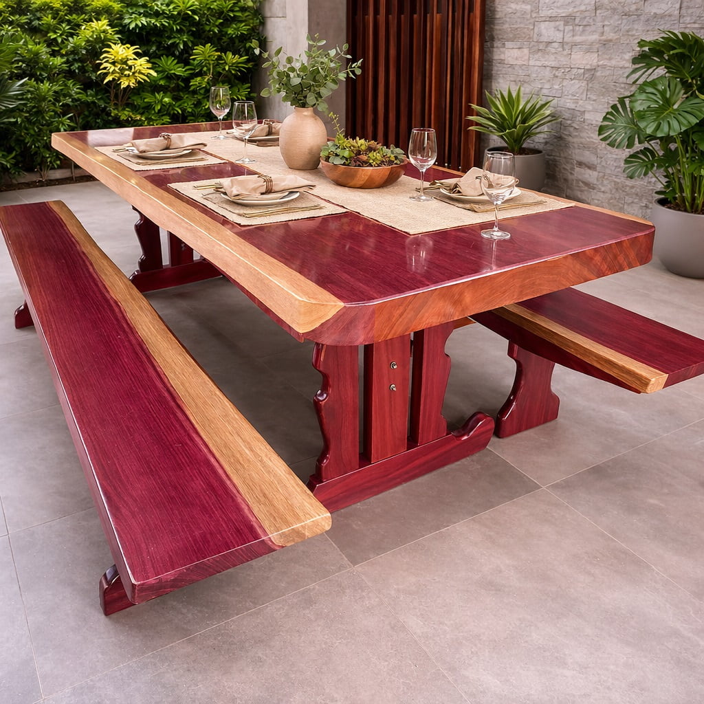 Conjunto Mesa Rústica (250cm x 87cm x 6cm) Pés Formato Torre, com 2 Bancos Rústicos (250cm X 36cm x 4cm) de Madeira Maciça de Roxão – 08 lugares